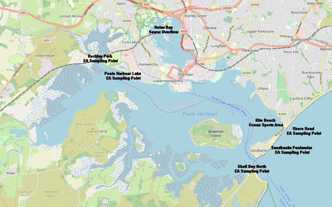 General Map of Poole Harbour showing Kite Beach, Shore Road and EA Bathing Water Quality Sampling Points