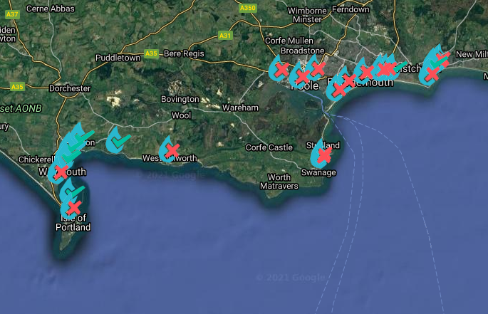 Surfers Against Sewage Safer Seas Service Map of the BCP coastline for 12th July 2021