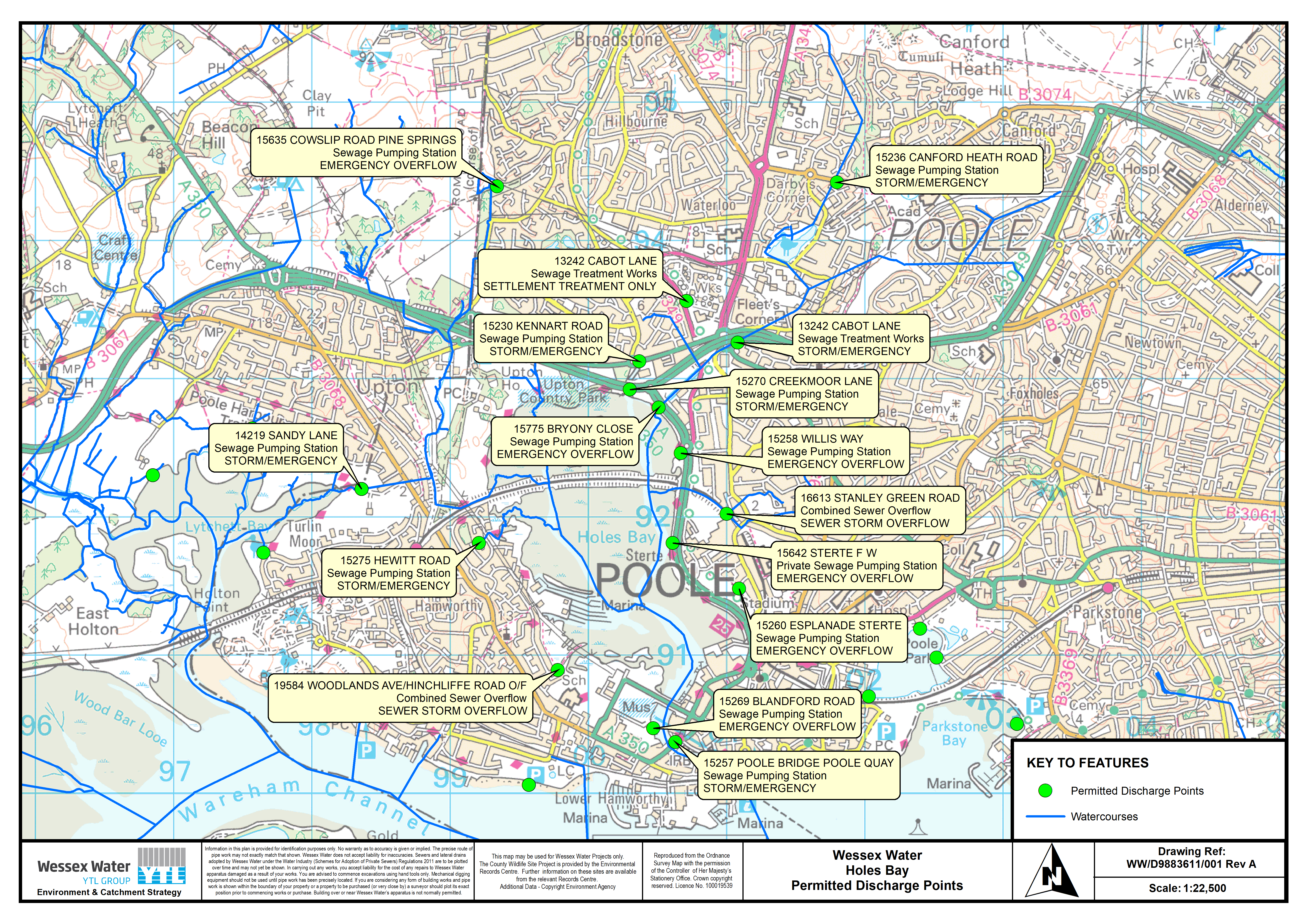 Map of CSOs (Combined Sewage Outfalls) in Holes Bay Poole Harbour