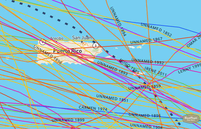 For those of you considering travel to the Caribbean islands - here's an extract from an article posted on our travel group about hurricanes - some islands are safer than others. "Welcome back, so straight in to Caribbean Hurricane History and NOAA have a brilliant tool to visually show you all the hurricane and storm paths ever recorded (https://www.bit.ly/2Z9TBYU). In the first screenshot I have stripped off anything below category one, and placed a 500 mile ring around Aruba for scale. The second screenshot shows Aruba's history. Aruba, Bonaire and Curacao (known as the ABCs - all Dutch) all pretty much stepped outside the pub before it all kicked off and Cuba doesn't fare too badly either, but the Western Islands like Barbados, Trinidad and Barbuda are right in the flight path - so bad you can barely see them under the coloured hurricane lines. And as for the most dangerous island? Puerto Rico seems to have the most tracks crossing over it (screenshot 3), with the nearby Virgin Islands a close second. As for category 5s (the purple lines) - Puerto Rico has had two hits (one back in 1928) and the the D.R. and Dominica one each (Dominica got hit by the same one as Puerto Rico). Hope that's helpful!"