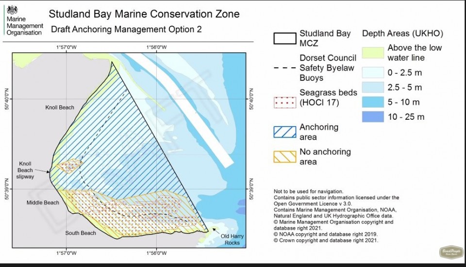 19:50 25th March 2021<br /><br />I'm currently on the Marine Management Organisation's (MMO's) Webinar dealing with the suggested Marine Conservation Zone (MCZ) plans for Studland Bay - these are screenshots of their three suggested options for anchoring zones. <br /><br />You have the right to anchor under emergency conditions tho - these were not defined in the meeting.